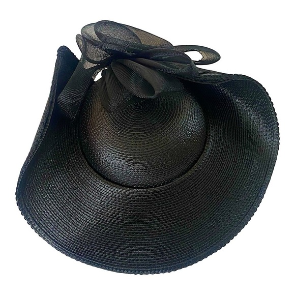 Vintage Women Black Wide Brim Spring Church Hat With Knit Bow and Black  Trim main image 8